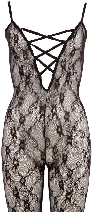 Bodystocking – catsuit sexy din plasă cu dantela si decolteu provocator 2XL/3XL, negru